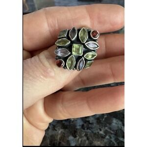 Sterling Silver 925 Multi Gemstone Cluster Ring Peridot Amethyst Garnet Size 8.5